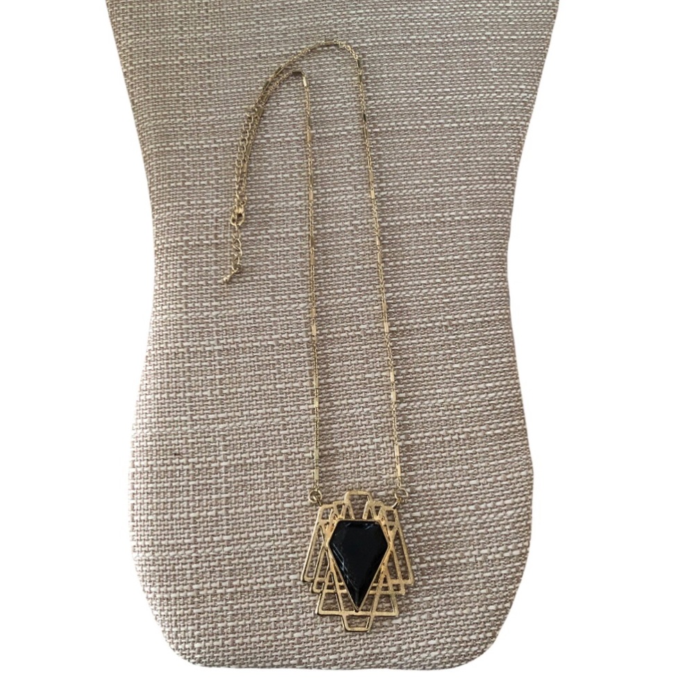 Gold Necklace Art Deco Black Center Stone Rollo Gold plated Chain Vintage 24” - Picture 9 of 10